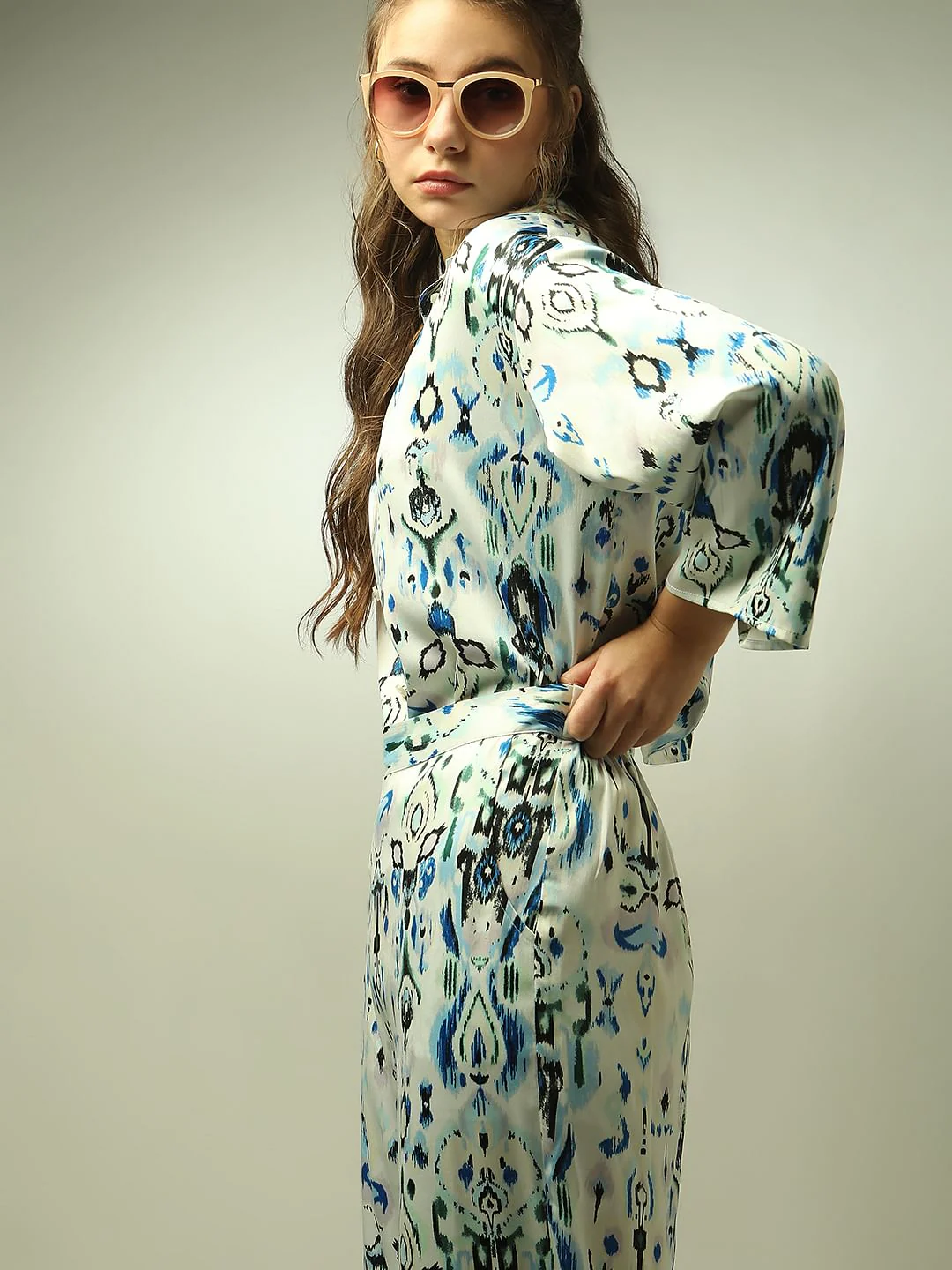 White Abstract Print Co-Ord Set Shirt