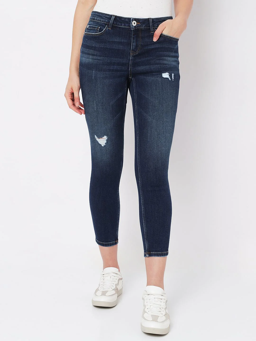 Dark Blue Mid Rise Distressed Wendy Skinny Jeans