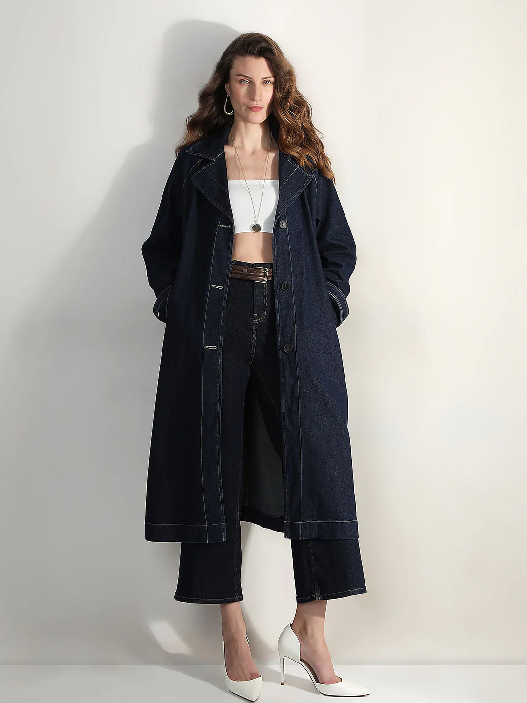 Dark Blue Long Denim Trench Coat