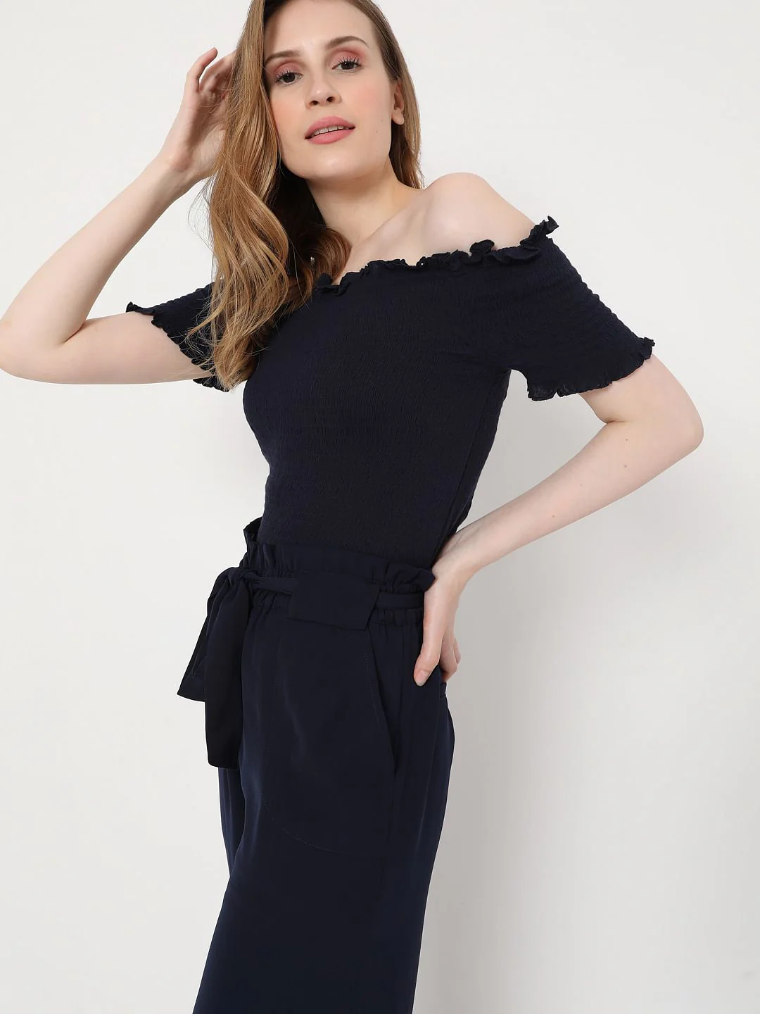 Blue Off Shoulder Smocked Co-Ord Set Top