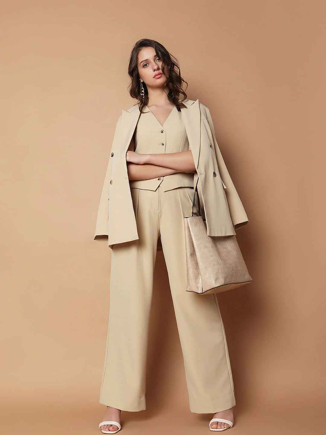 Beige High Rise Wide Leg Pants