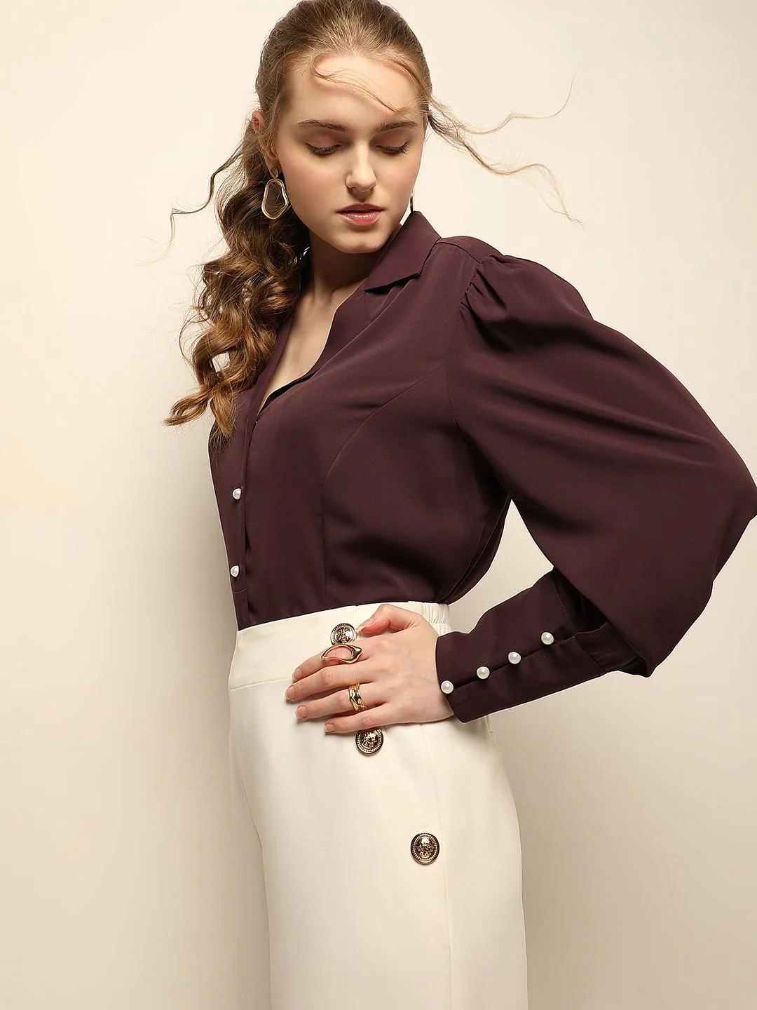 Plum Cuffed Sleeves Shirt