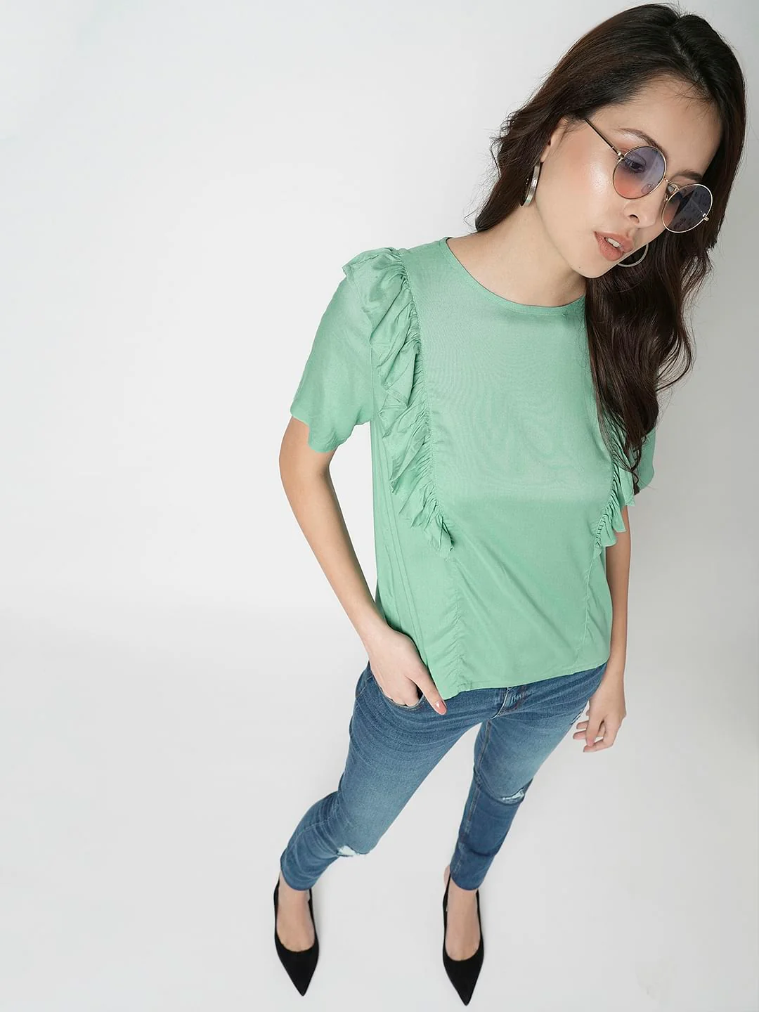 I.Scenery By Vero Moda Green Frill Detail Top