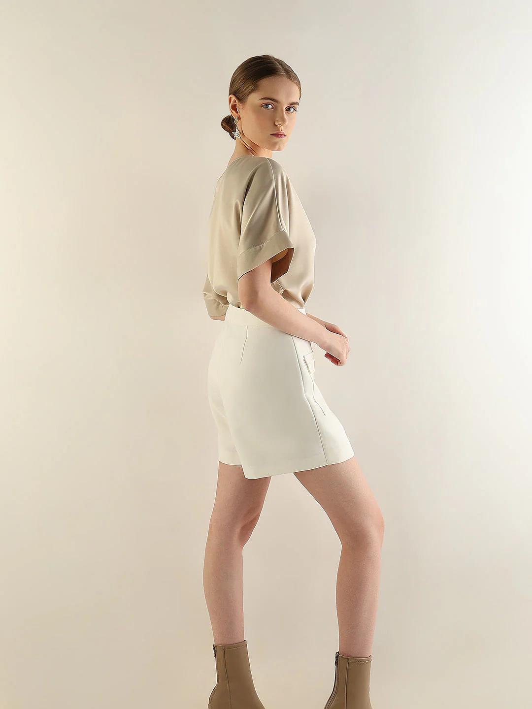 Beige Satin O-Neck Top