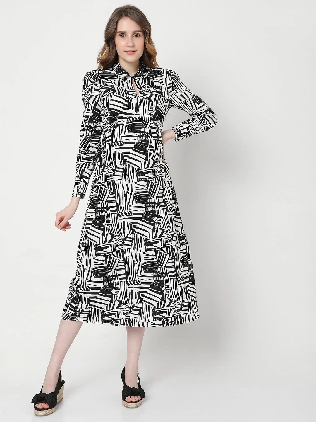 Black&White Abstract Print Midi Dress