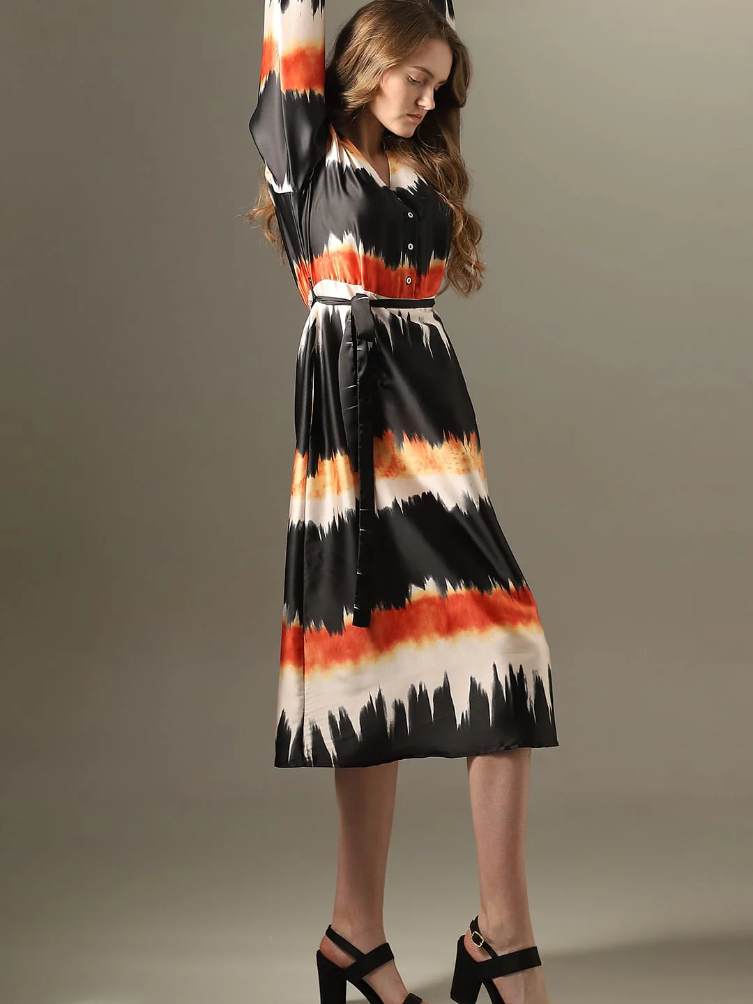 Black Watercolour Printed Midi Dress