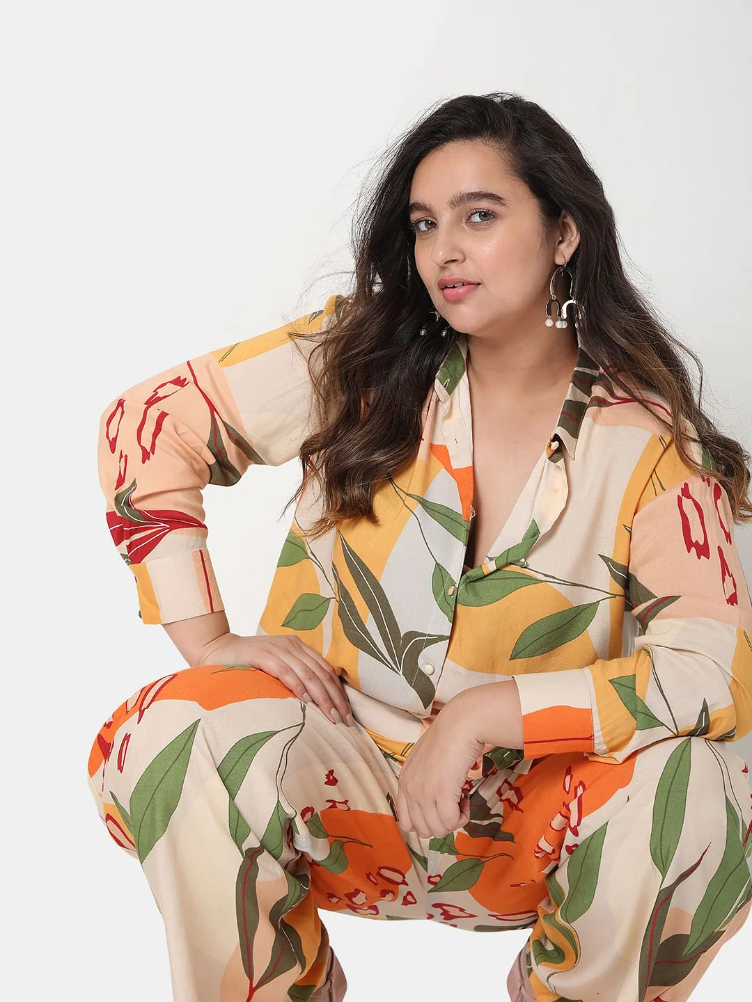 Curve Brown Printed Co-Ord Set Shirt