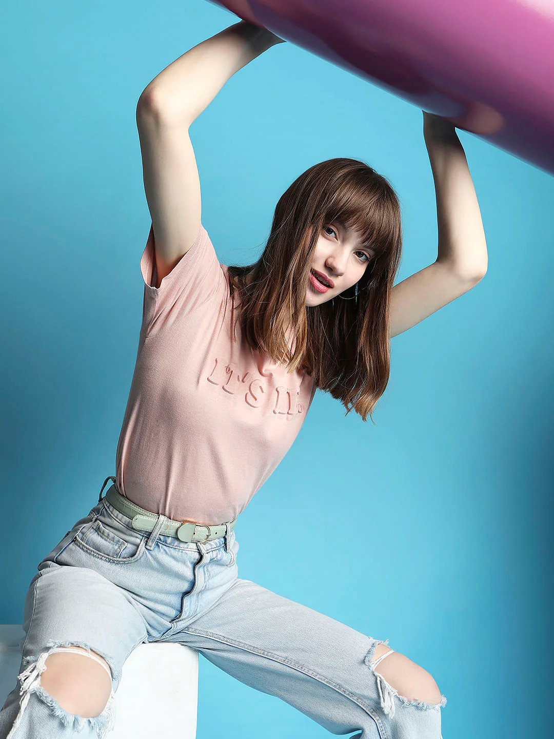 Pink Text Embossed Print T-Shirt