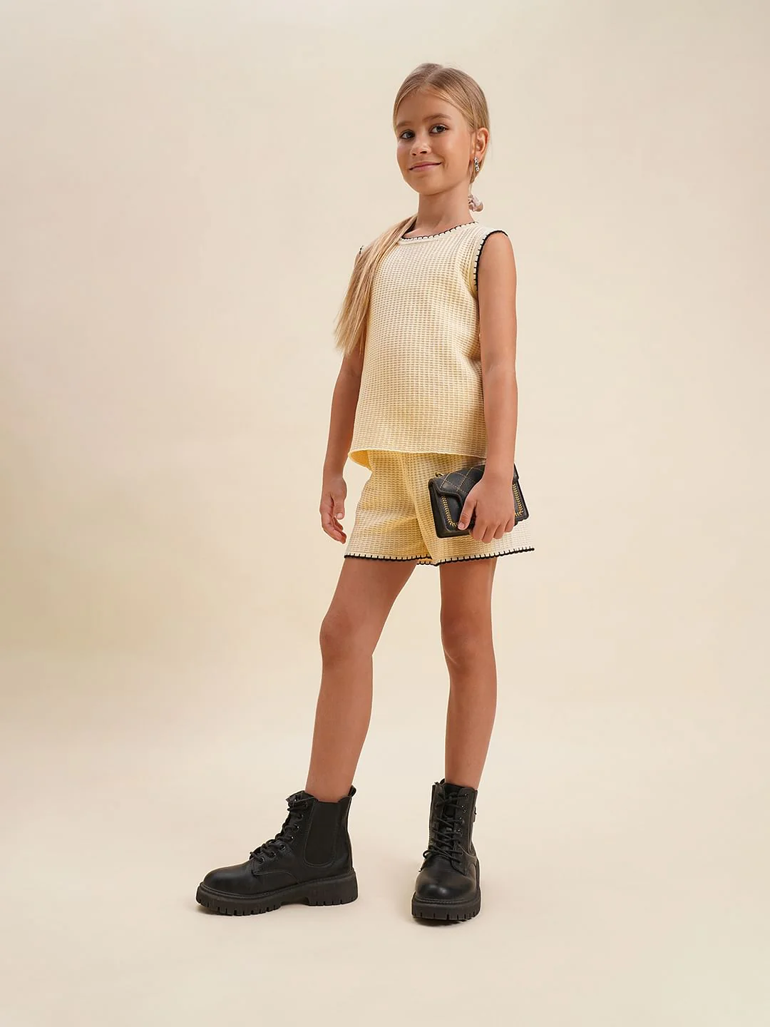 Girls Beige O-Neck Co-Ord Set Shorts