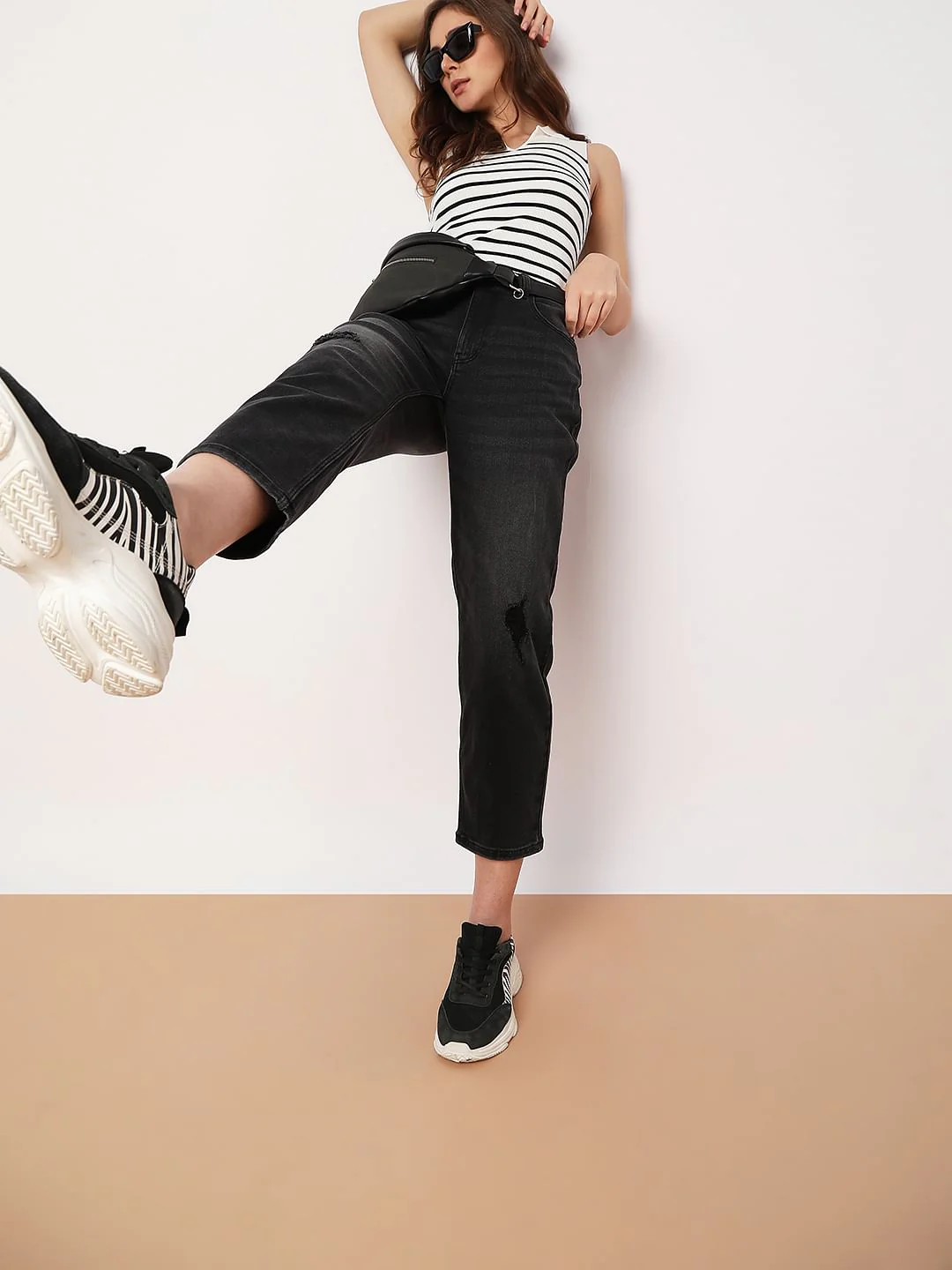 Charcoal Grey High Rise Distressed Mom Fit Jeans