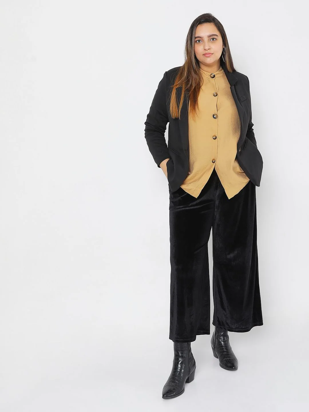 Curve Black Velvet Wide Leg Pants