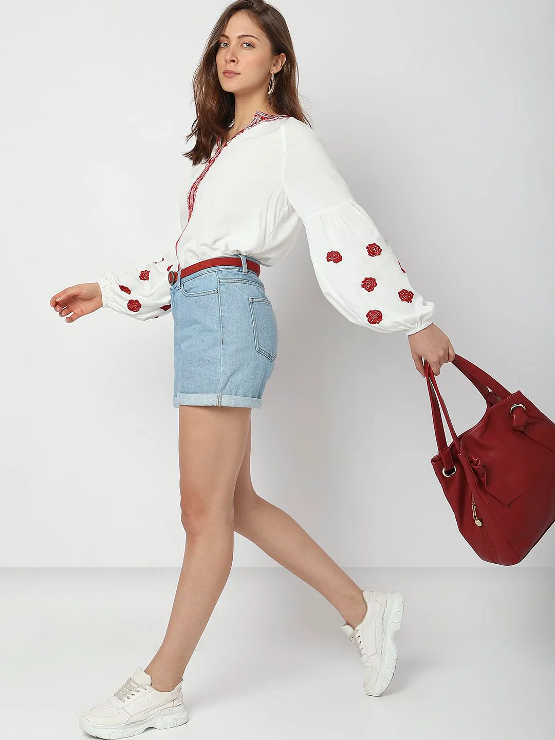 White Embroidered Full Sleeves Top