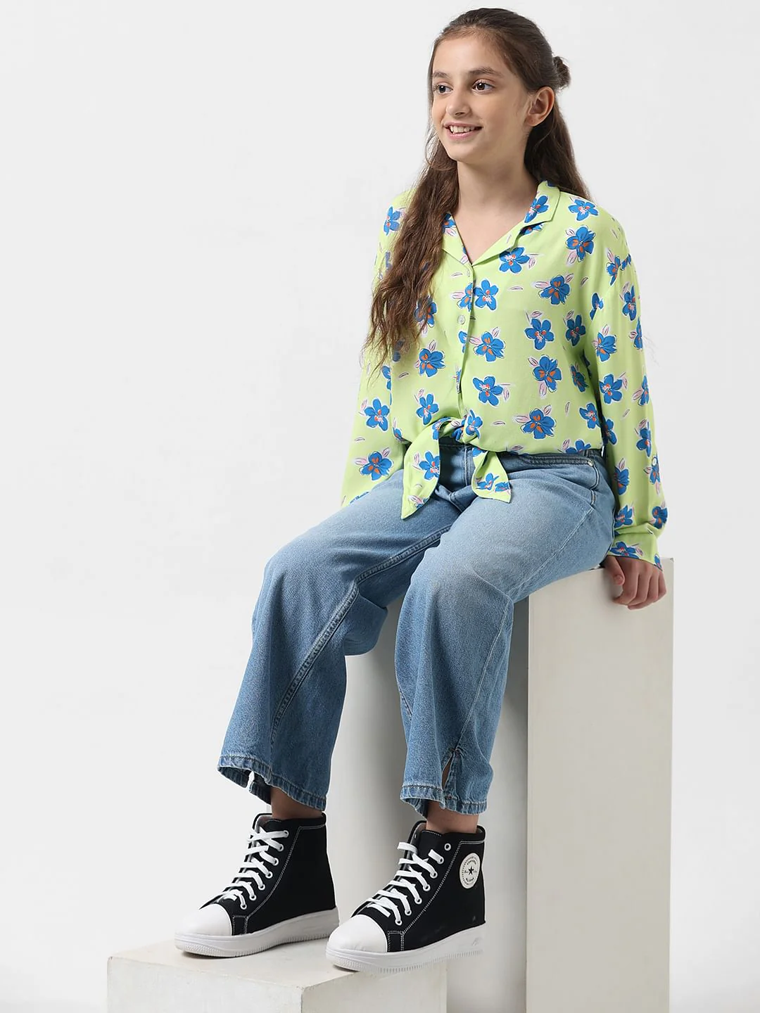 Girl Green Floral Front Knot Shirt