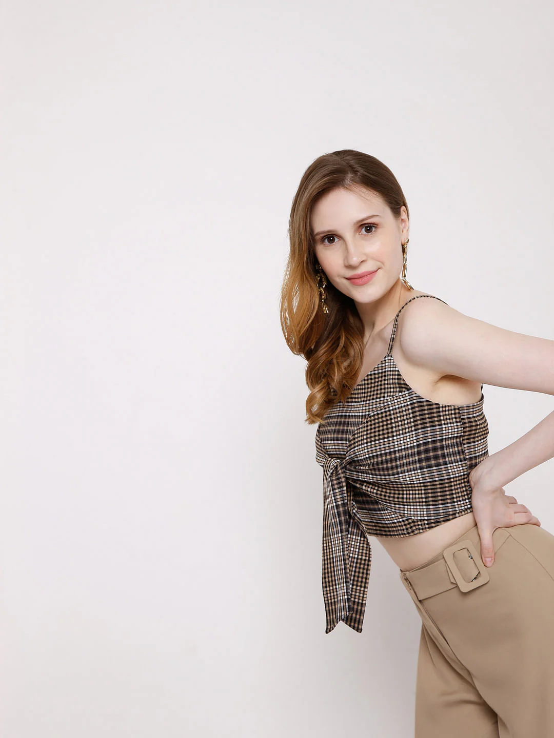 Brown Checks Co-Ord Set Crop Top