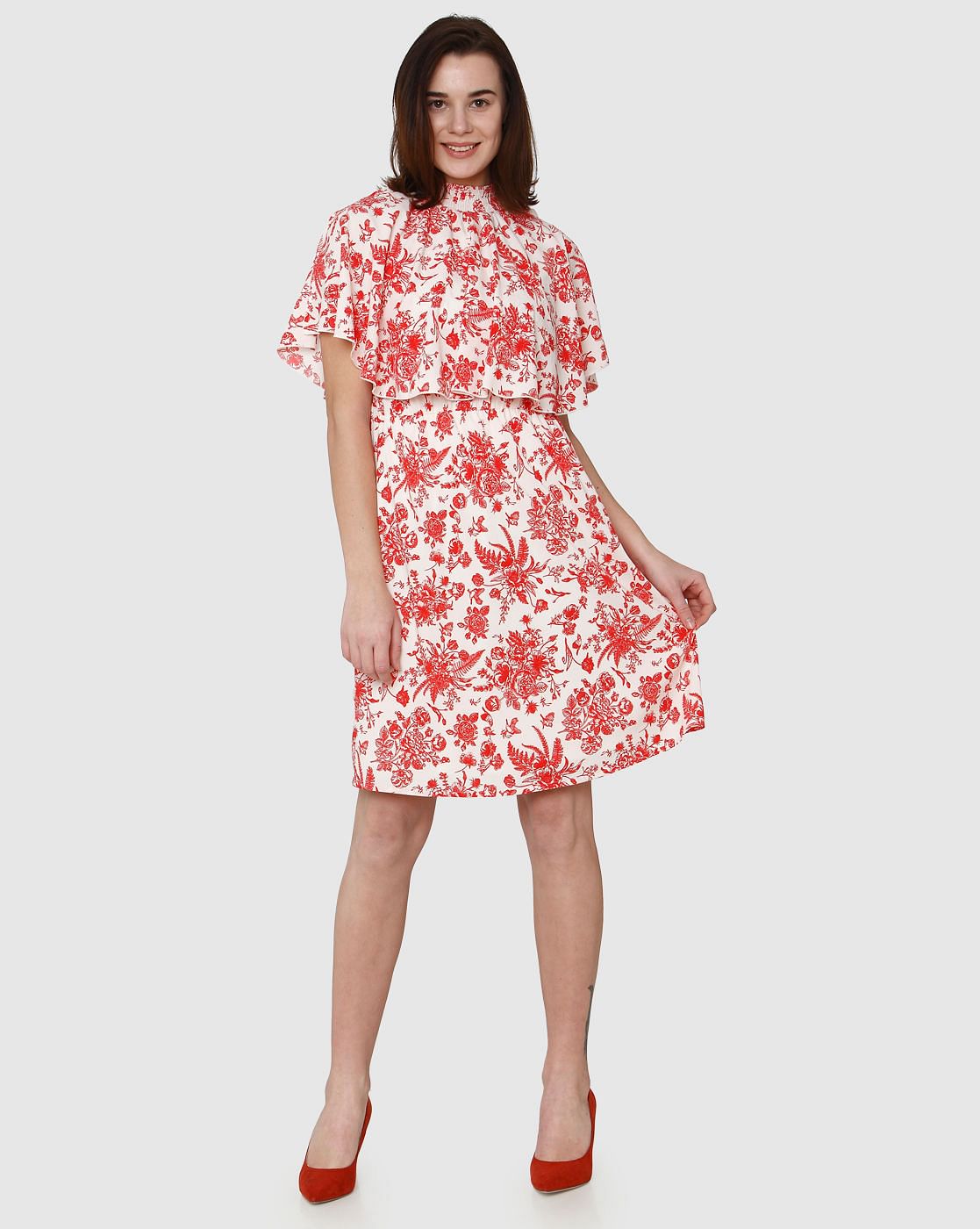 White All Over Floral Print Cape Detail Fit & Flare Dress