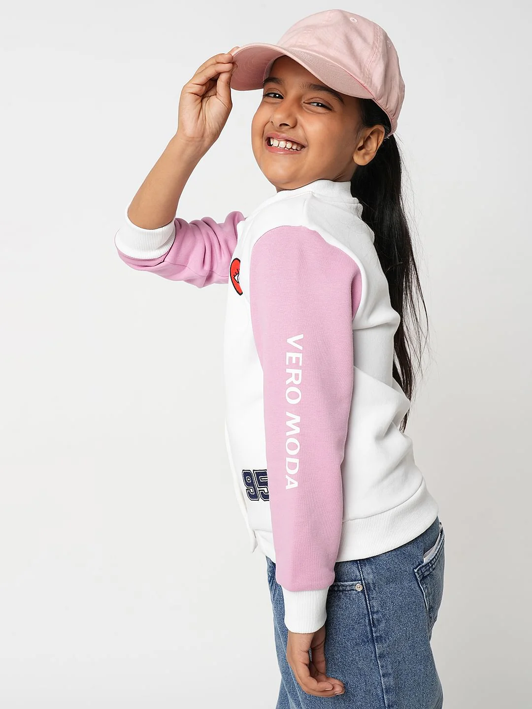 Girl White Colourblocked Bomber Jacket