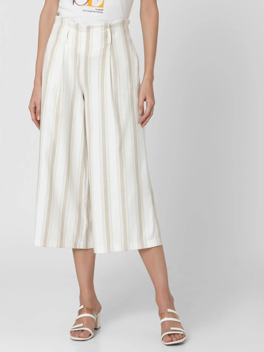 Beige Mid Rise Striped Culottes