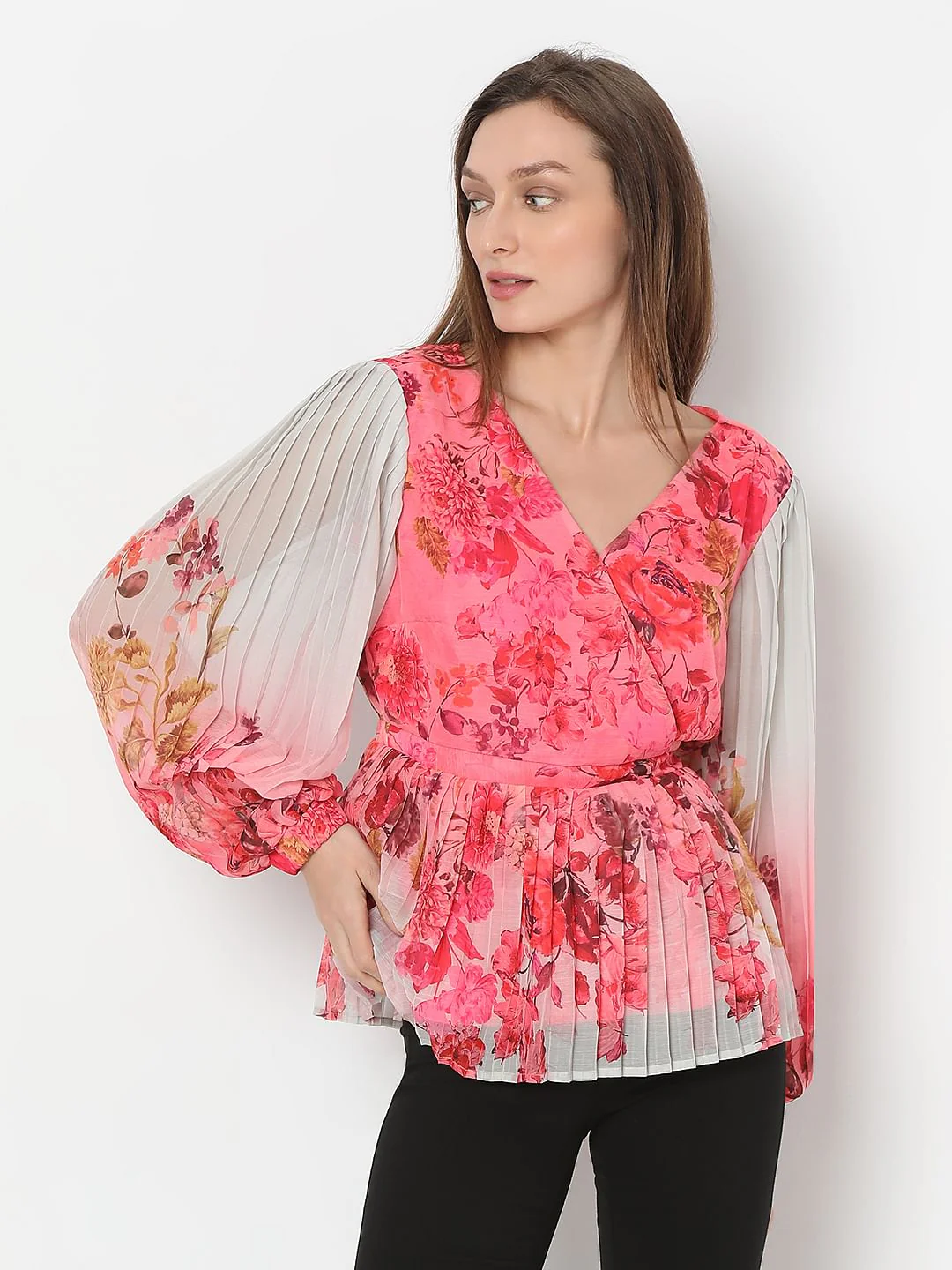 Pink Floral Ombre Pleated Top - Image 2