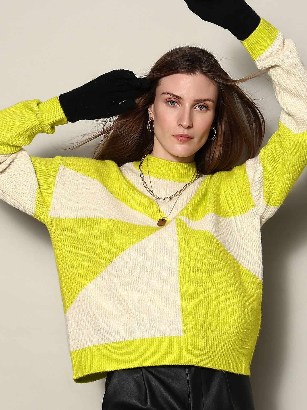 Green High Neck Colourblocked Pullover