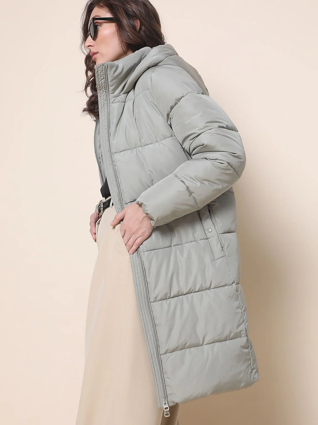Light Green Long Hooded Puffer Coat
