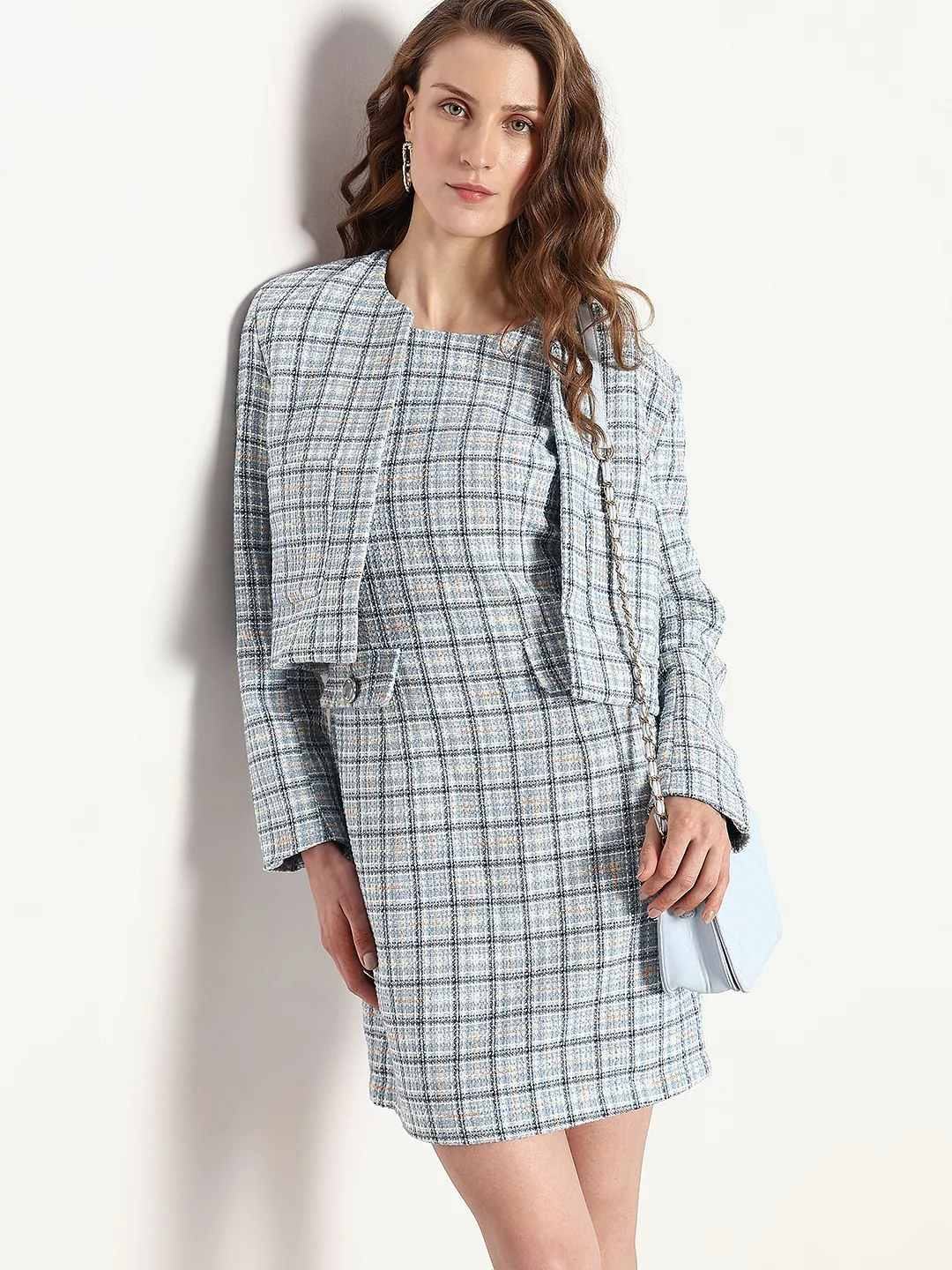 Blue Tweed Cropped Co-Ord Set Blazer