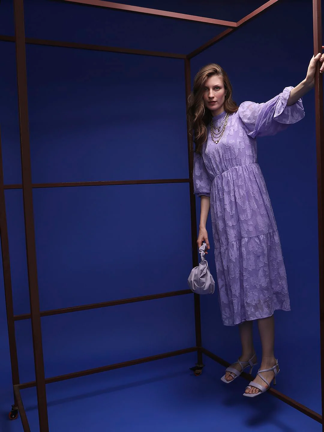 Purple Floral Textured Midi Dress