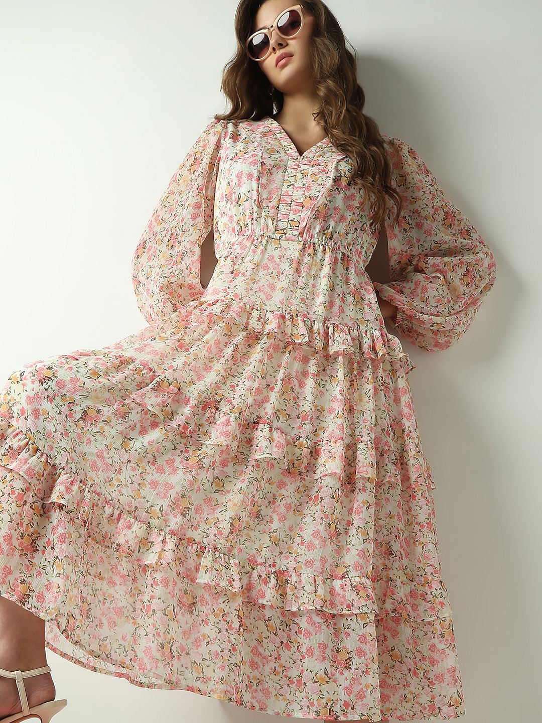 Pink Floral Print Midi Dress