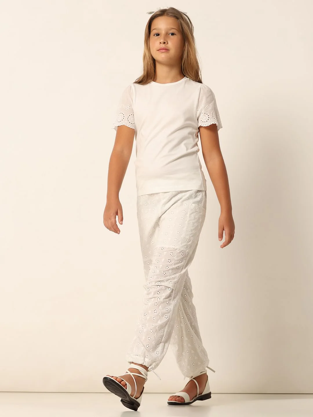 White Schiffli Cotton Joggers