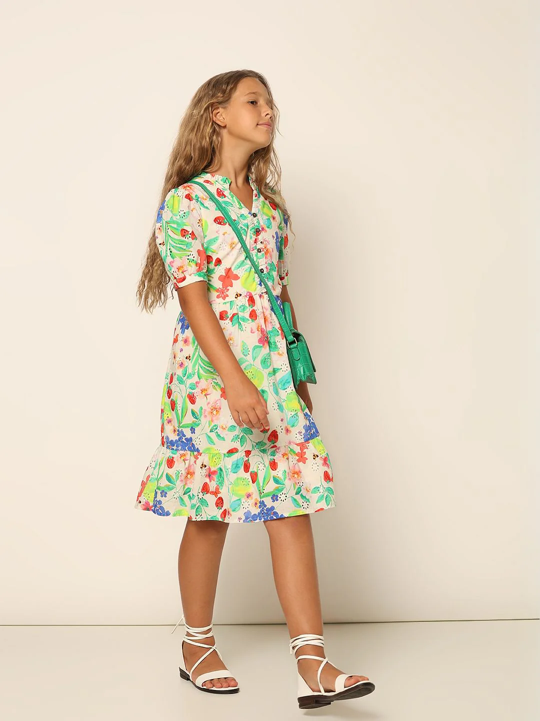 Girls White Floral Textured Dress