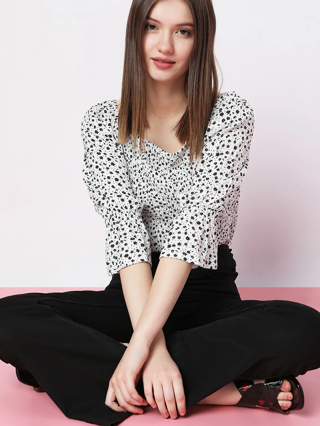 White Floral Smocked Top