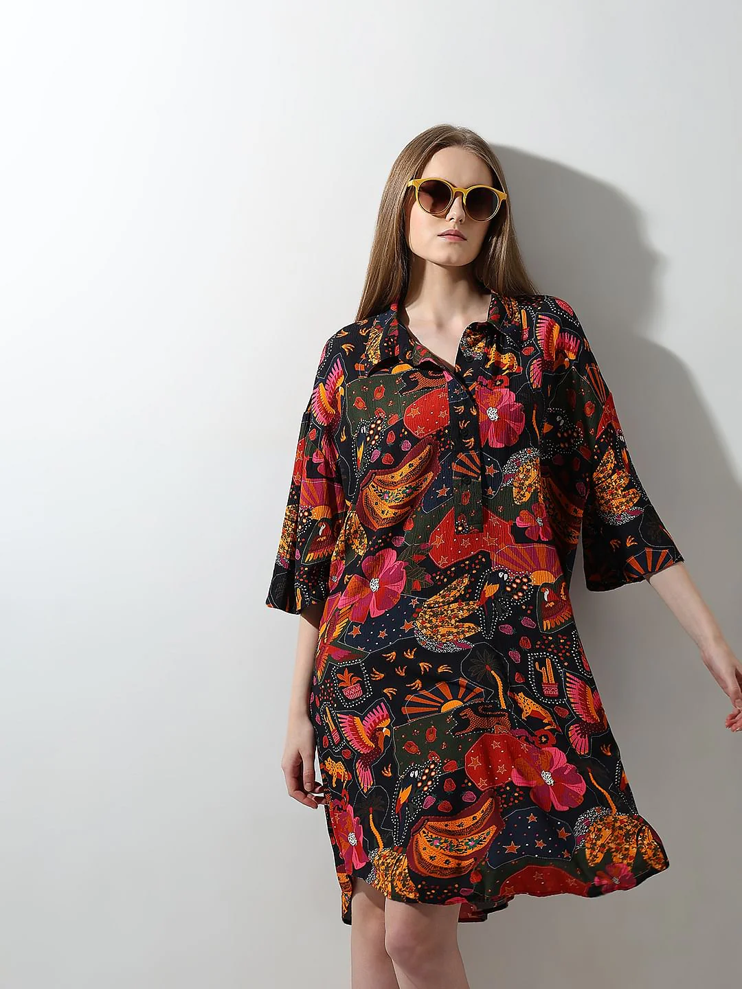 Black Abstract Print Shirt Dress
