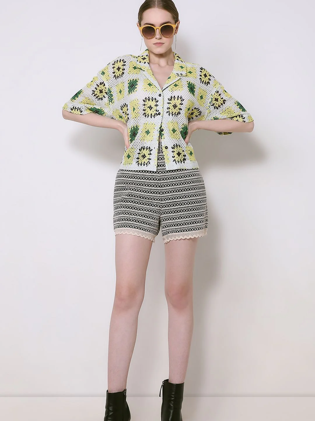 Beige Abstract Print Crochet Shirt