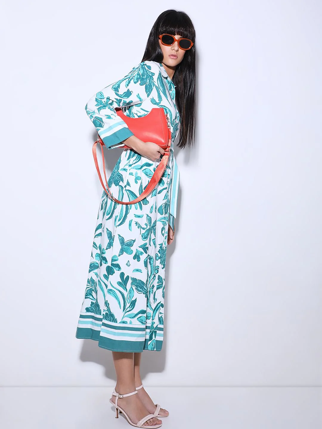 Green Printed Midi Shirt Dress