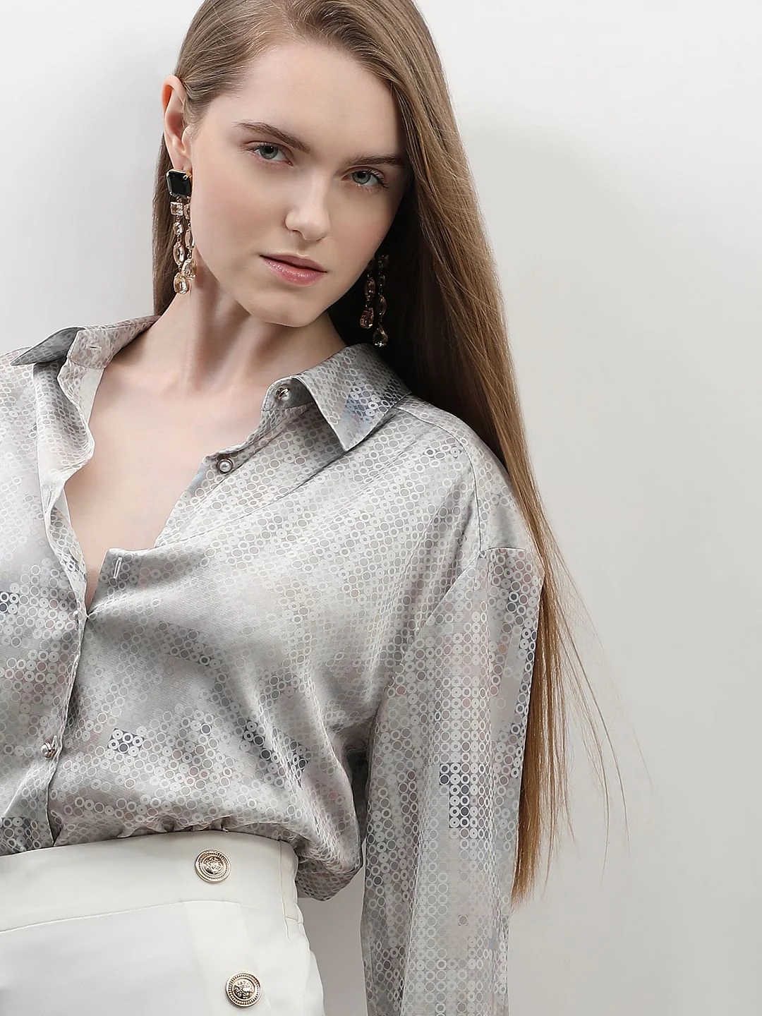 Light Grey Printed Satin Shirt