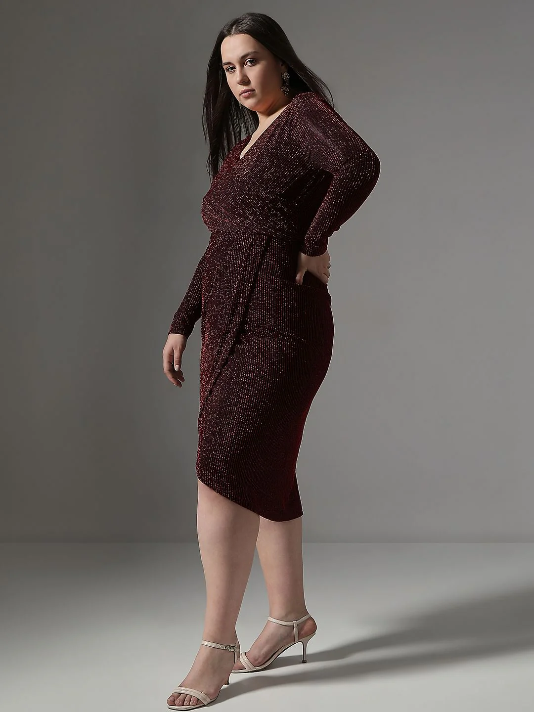 Curve Maroon Shimmer Wrap Dress