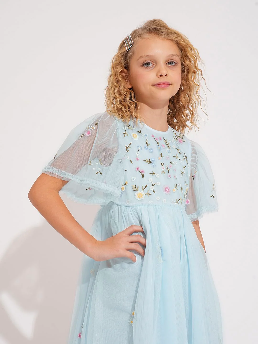 Girls Light Blue Tulle Embroidered Dress