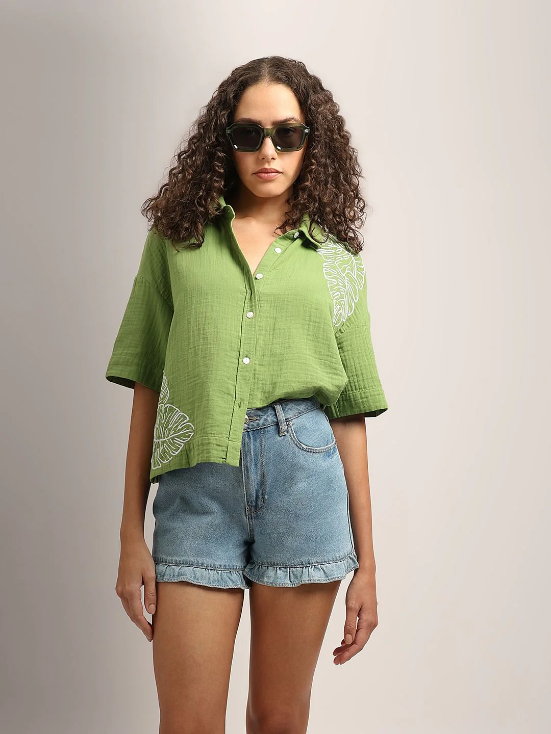 Green Floral Crinkle Weave Shirt