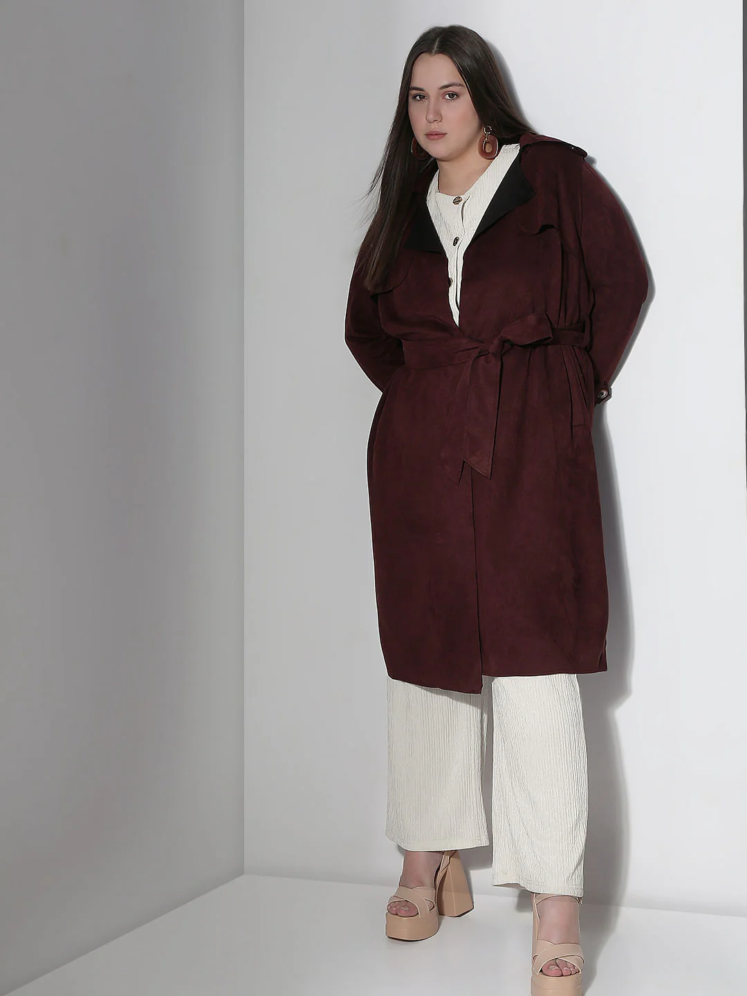 Curve Chocolate Brown Suede Long Coat