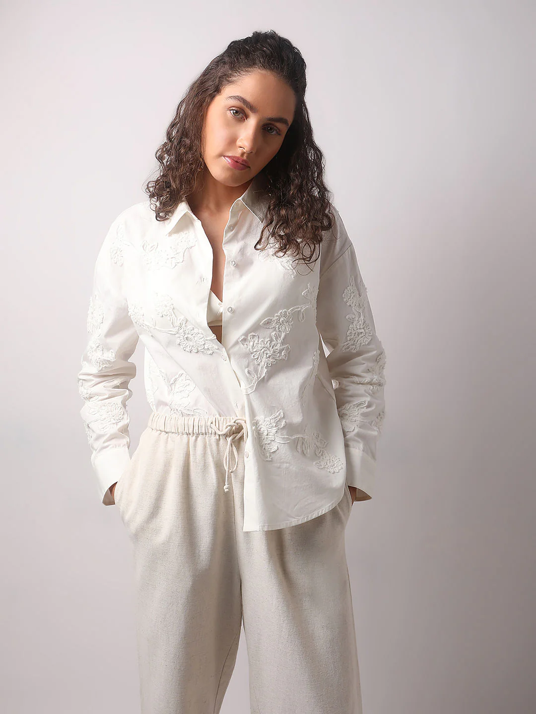 White Floral Appliqu  Shirt