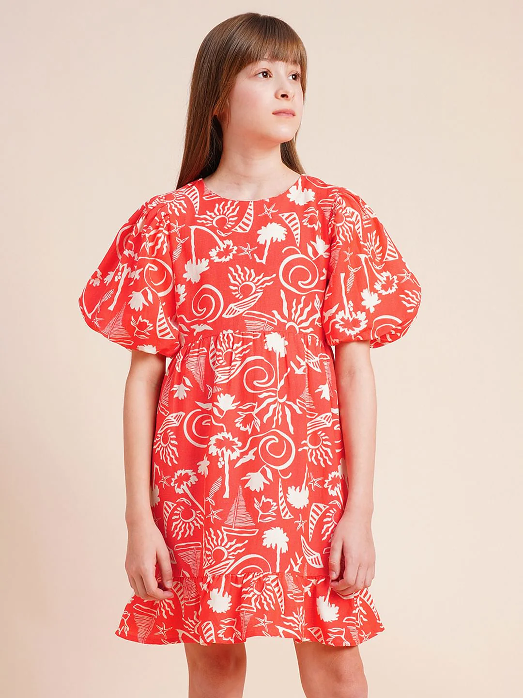 Girls Coral Puff Sleeves Printed Dress - Image 2