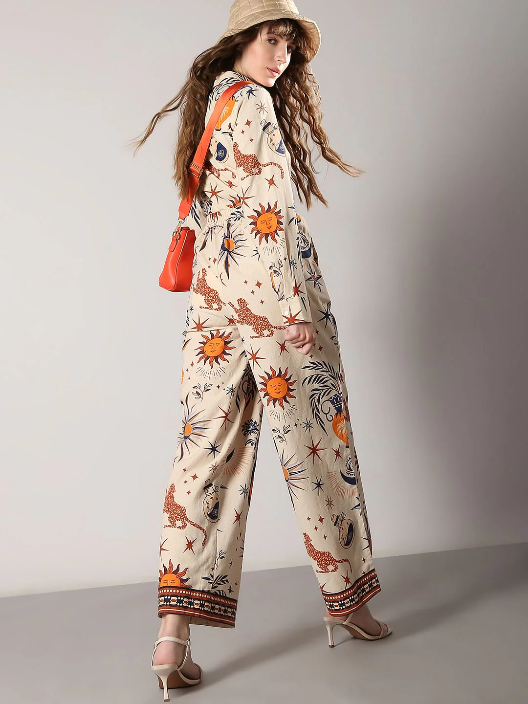 Beige Printed Co-Ord Set Flared Pants