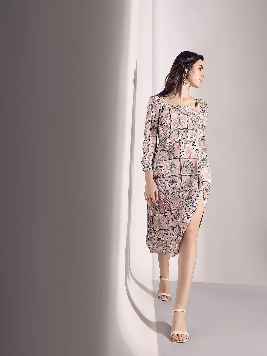 Pink Printed Square Neck Dress