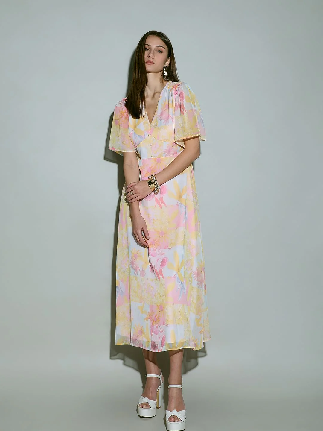 Yellow Printed V Neck Dress