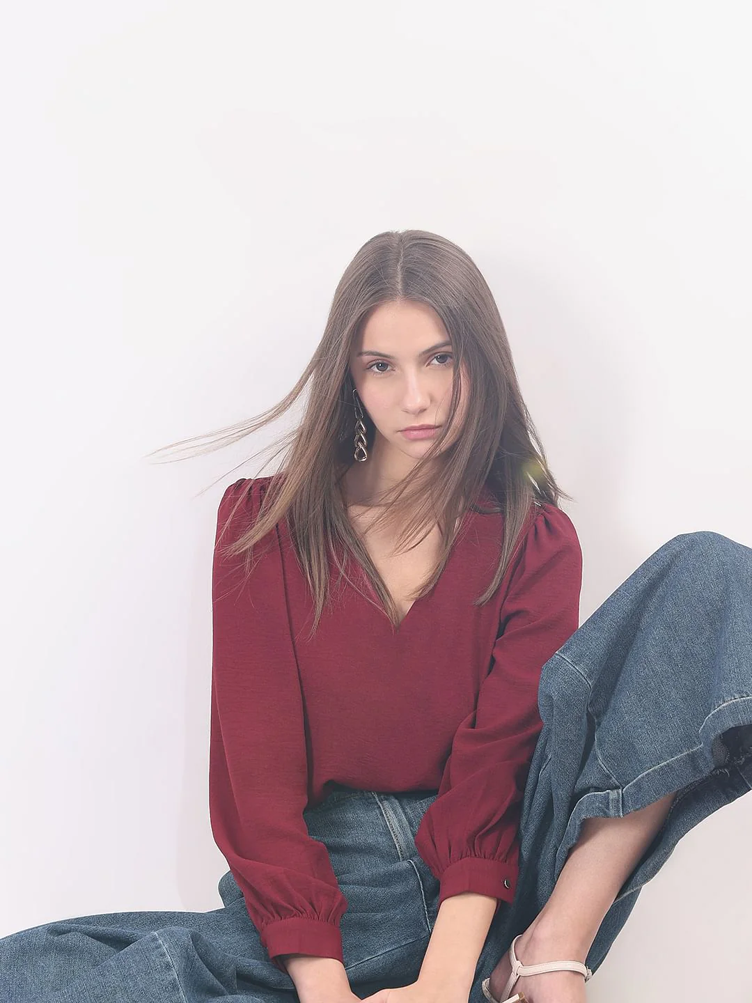 Dark Red V Neck Top