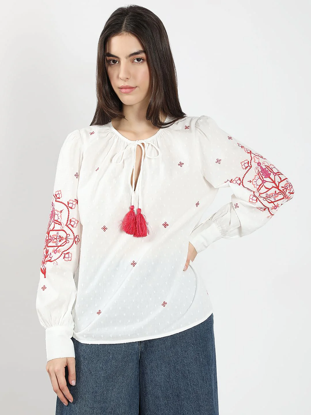 White Red Printed Embroidered Top - Image 2