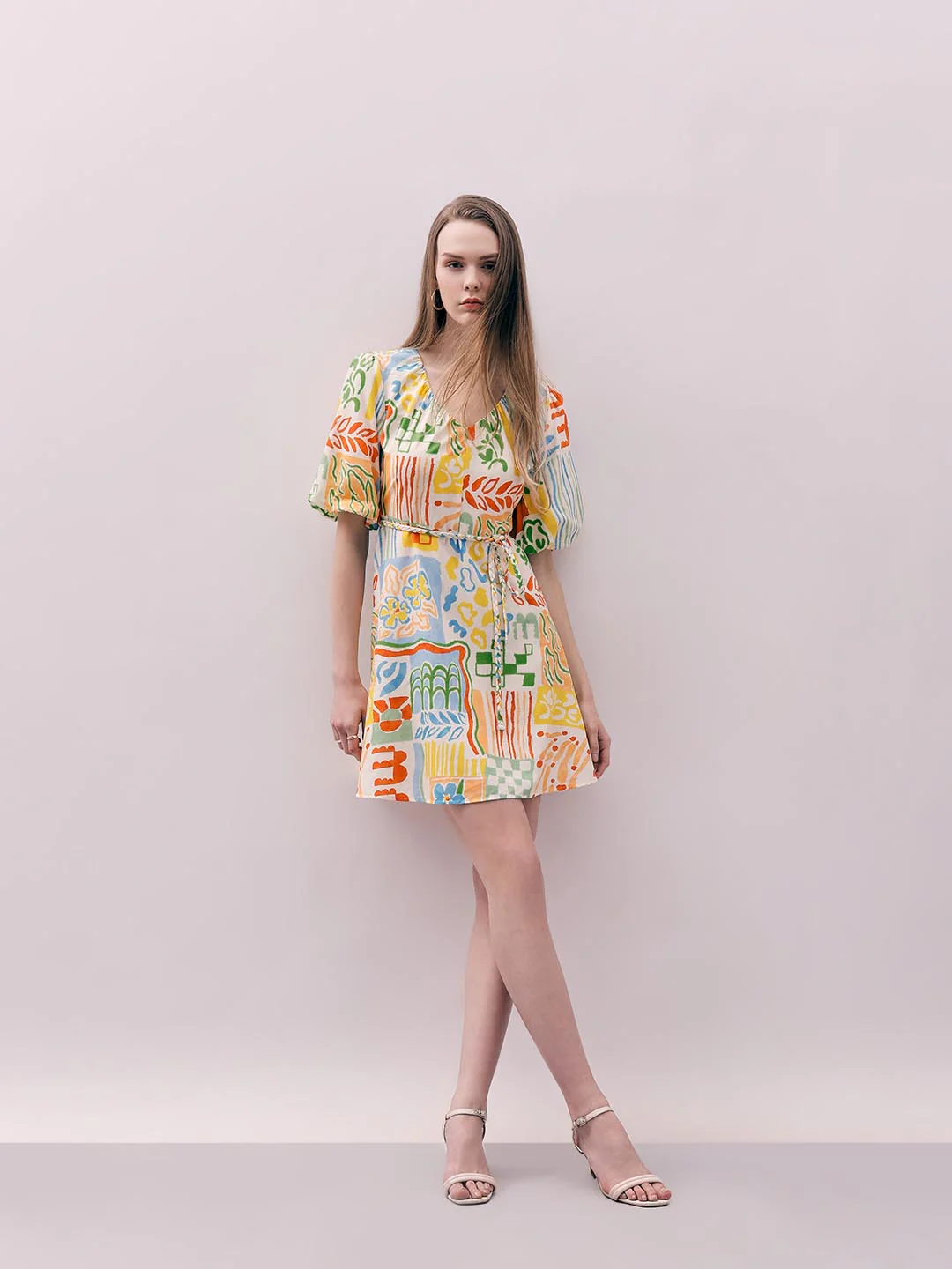 Vero Moda White Printed Puff Sleeves Dress