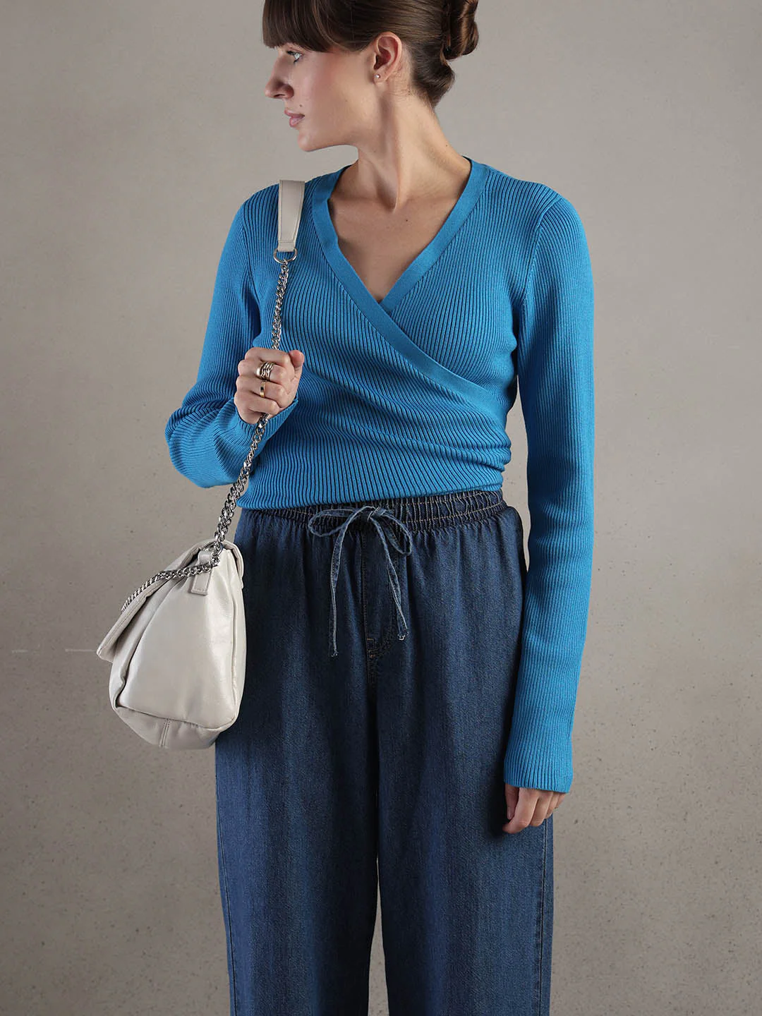 Blue Ribbed Wrap Knit Cardigan