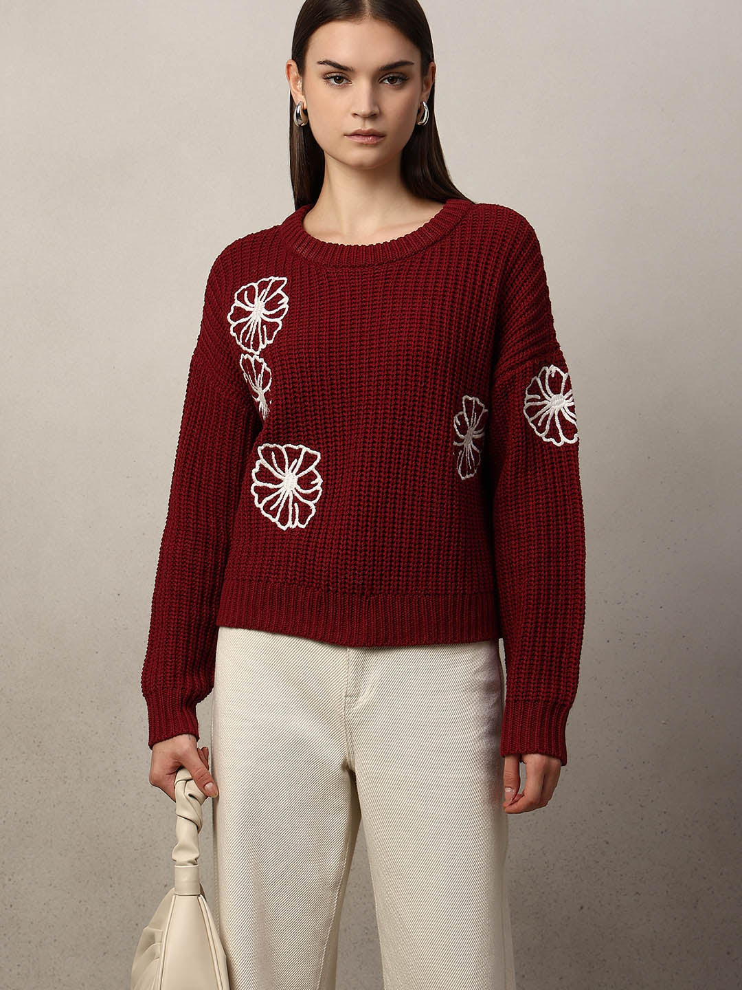 Red Floral Embroidered Pullover