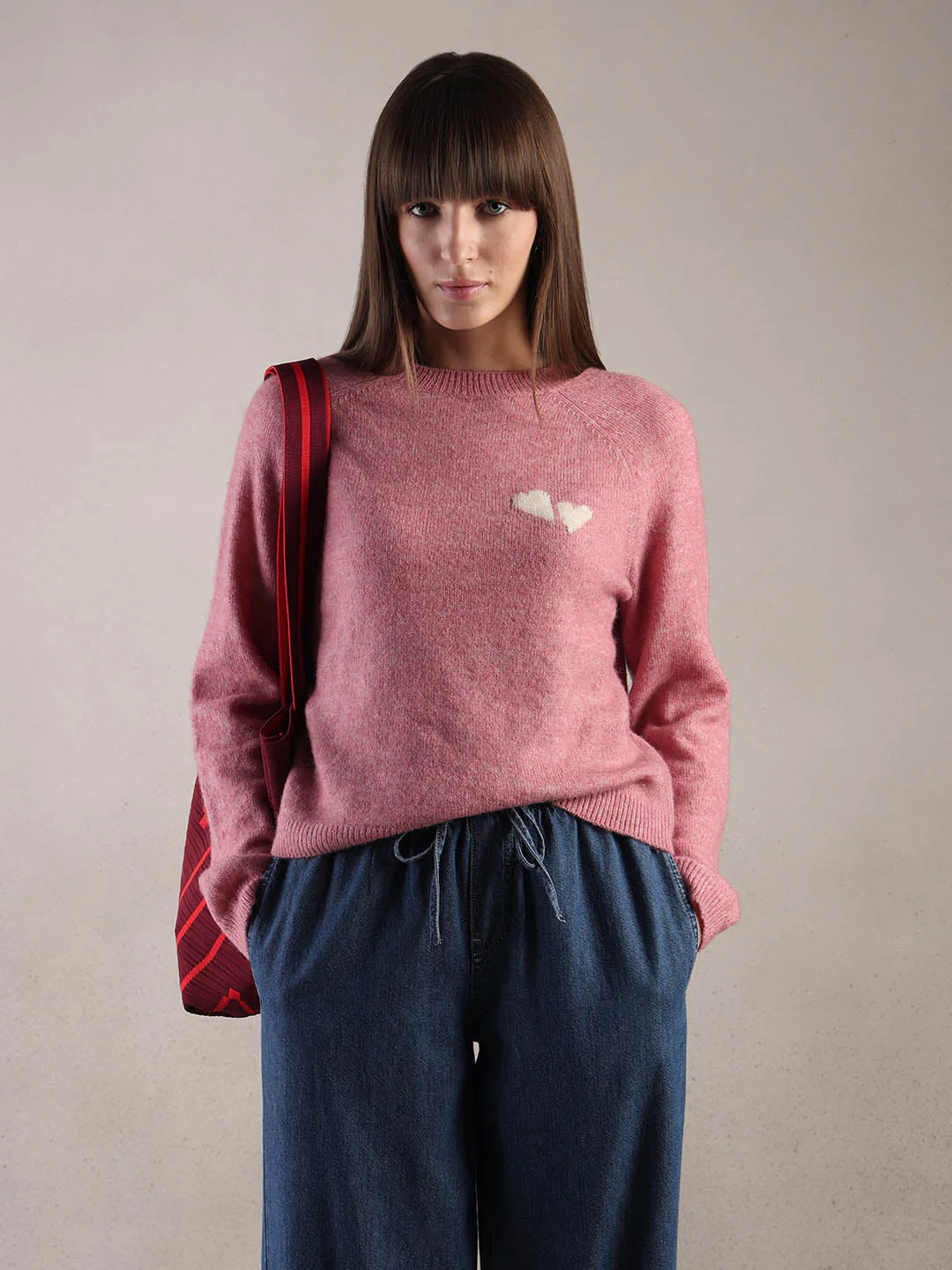 Heart Print O-Neck Pullover