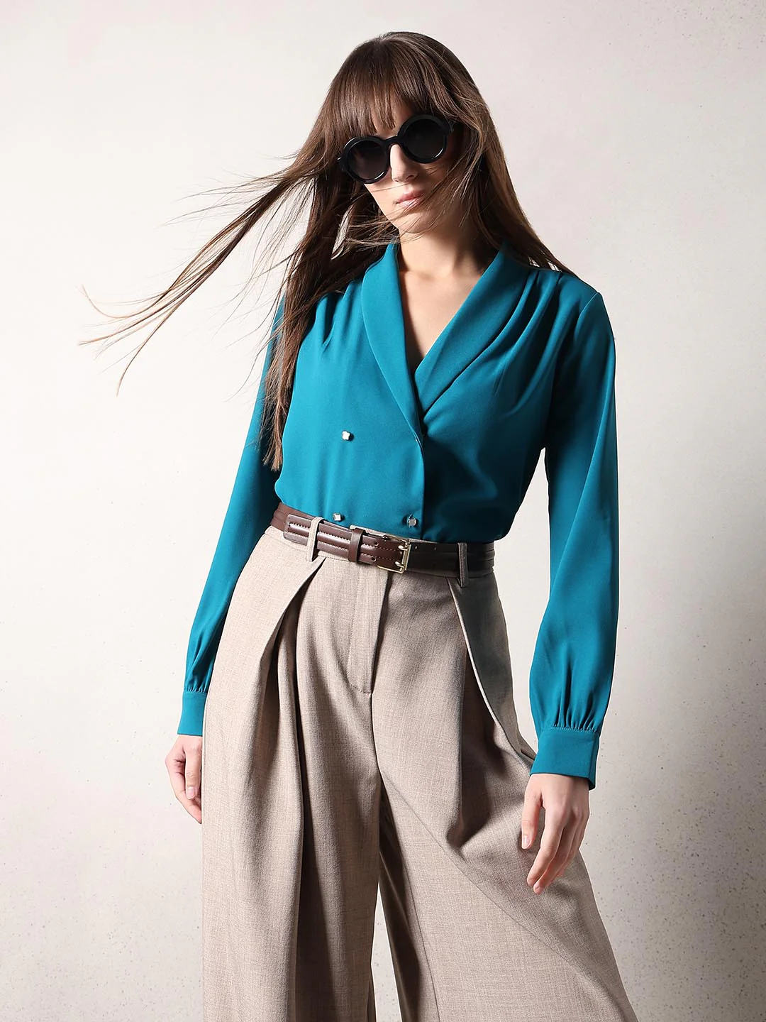 Teal Gathered Sleeves Top